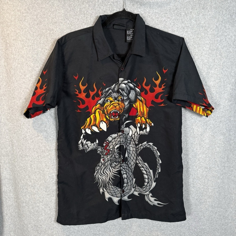 Vintage‎ dragon button up Womens small black 90s skater rave Y2K